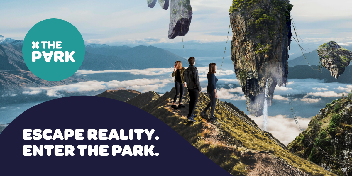 The Park — Escape reality. Enter The Park. Drie bezoekers in een berglandschap met zwevende rotsen.